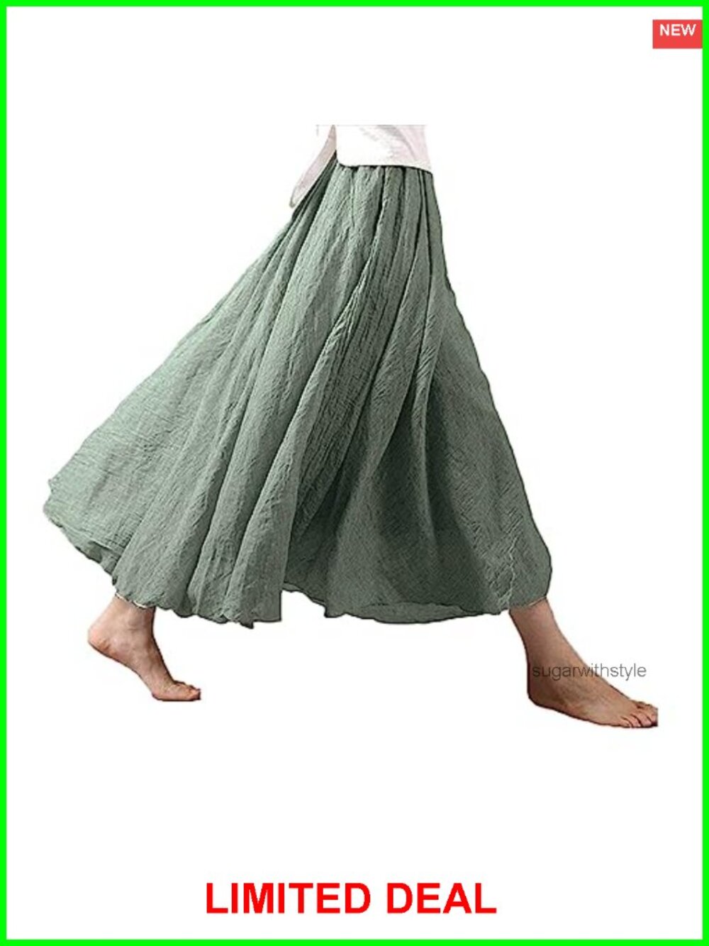 Boho Cotton Linen Maxi Skirt Elastic Waist A-Line Beach Dress